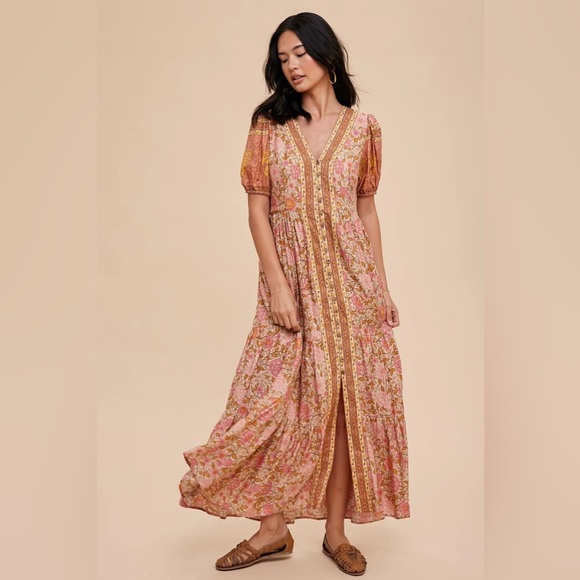 Dusty Rose Border Print Button Down Maxi Dress- Size Small - Picture 1 of 6